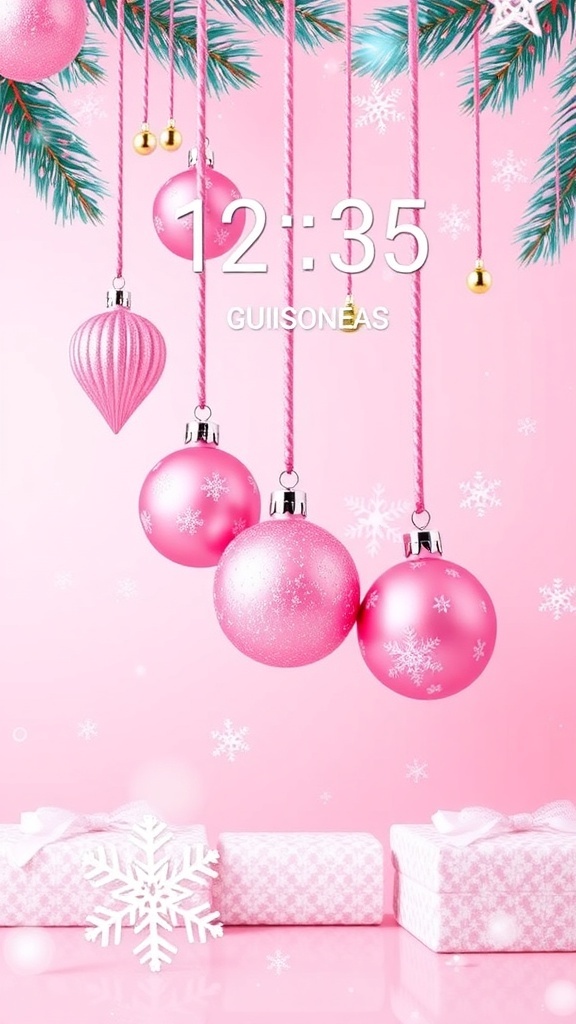 3D Christmas Pink Lock Screen Design 3D Christmas lock screen design with pink ornaments and snowflakes.
